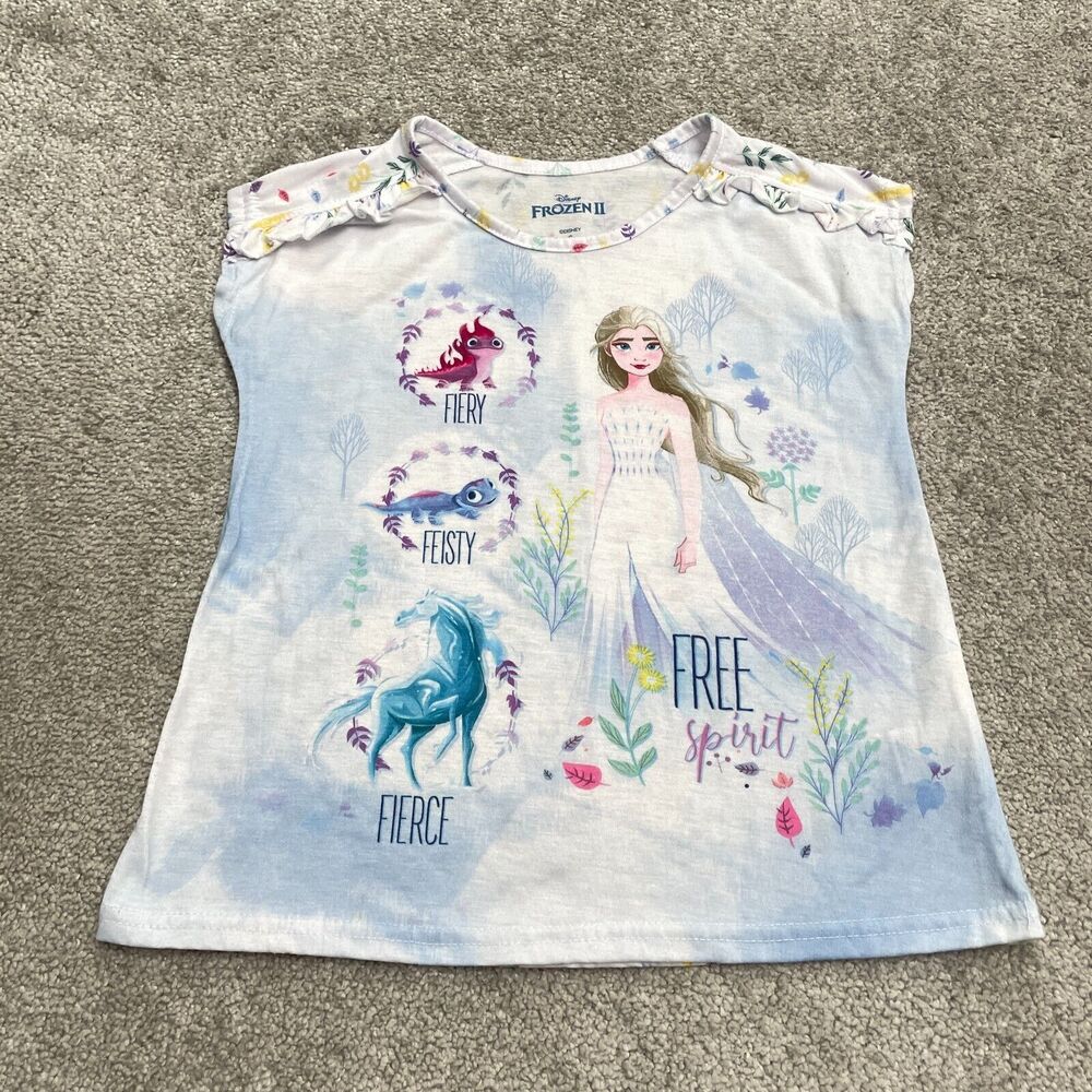 Disney Frozen II Graphic T-Shirt Kids Girls Small Blue Tie-Dye Ruffles Casual